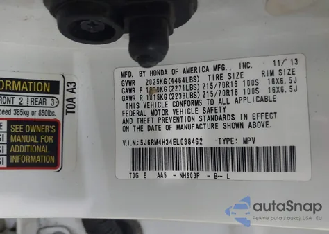 2014 Honda Cr-V Lx z USA, uszkodzony, nr VIN 5J6RM4H34EL038462